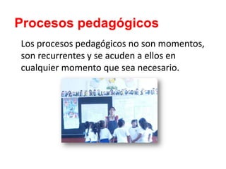 Procesos pedagógicos
Los procesos pedagógicos no son momentos,
son recurrentes y se acuden a ellos en
cualquier momento que sea necesario.
 