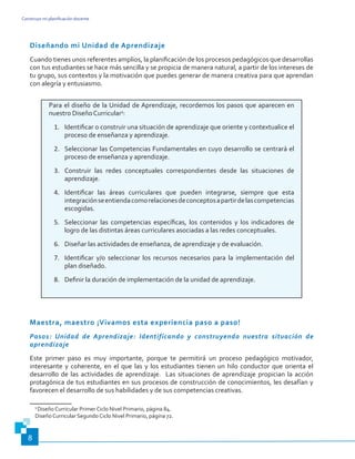 Construyo mi planificación docente
8
Diseñando mi Unidad de Aprendizaje
Cuando tienes unos referentes amplios, la planificación de los procesos pedagógicos que desarrollas
con tus estudiantes se hace más sencilla y se propicia de manera natural, a partir de los intereses de
tu grupo, sus contextos y la motivación que puedes generar de manera creativa para que aprendan
con alegría y entusiasmo.
Para el diseño de la Unidad de Aprendizaje, recordemos los pasos que aparecen en
nuestro Diseño Curricular5
:
1.	 Identificar o construir una situación de aprendizaje que oriente y contextualice el
proceso de enseñanza y aprendizaje.
2.	 Seleccionar las Competencias Fundamentales en cuyo desarrollo se centrará el
proceso de enseñanza y aprendizaje.
3.	 Construir las redes conceptuales correspondientes desde las situaciones de
aprendizaje.
4.	 Identificar las áreas curriculares que pueden integrarse, siempre que esta
integraciónseentiendacomorelacionesdeconceptosapartirdelascompetencias
escogidas.
5.	 Seleccionar las competencias específicas, los contenidos y los indicadores de
logro de las distintas áreas curriculares asociadas a las redes conceptuales.
6.	 Diseñar las actividades de enseñanza, de aprendizaje y de evaluación.
7.	 Identificar y/o seleccionar los recursos necesarios para la implementación del
plan diseñado.
8.	 Definir la duración de implementación de la unidad de aprendizaje.
Maestra, maestro ¡Vivamos esta experiencia paso a paso!
Paso1: Unidad de Aprendizaje: Identificando y construyendo nuestra situación de
aprendizaje
Este primer paso es muy importante, porque te permitirá un proceso pedagógico motivador,
interesante y coherente, en el que las y los estudiantes tienen un hilo conductor que orienta el
desarrollo de las actividades de aprendizaje. Las situaciones de aprendizaje propician la acción
protagónica de tus estudiantes en sus procesos de construcción de conocimientos, les desafían y
favorecen el desarrollo de sus habilidades y de sus competencias creativas.
5
Diseño Curricular Primer Ciclo Nivel Primario, página 84.
Diseño Curricular Segundo Ciclo Nivel Primario, página 72.
 
