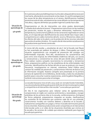 Estrategia Unidad de Aprendizaje
15
Situación de
aprendizaje de
4to grado
EnnuestraescuelaJuanaSaltitopahacemuchocalorydespuésdelrecreoesaún
más fuerte, afectando la concentración en las clases. En 4to B investigaremos
las causas de las altas temperaturas en el verano, identificaremos medidas
preventivasanteelcalor,estudiaremoslaszonasdelpaísconlastemperaturas
más altas y algunos alimentos que pueden ingerirse cuando hace calor.
Organizaremos un día de intercambio con otros grados denominado
“cuidadosdelasaludenelverano”.Prepararemosinstructivosconlasmedidas
de prevención, recetas de jugos y alimentos refrescantes, mediremos la
temperaturayconstruiremosgráficosconlasvariacionesregistradasenvarios
días, en el mapa del país identificaremos las zonas donde hace mayor calor,
compartiremos en cuáles momentos del año ocurre y filmaremos videos con
los efectos del calor en la salud y con la protección de los recursos naturales
para evitar el cambio climático. En nuestro día de intercambio socializaremos
las producciones que hemos construido.	
Situación de
aprendizaje en
5to grado
A inicios del año escolar, 4 estudiantes de 5to C de la Escuela José Reyes
se han ausentado por padecer de dengue y cólera. Preocupados por esta
situación organizaremos una campaña de prevención del contagio con
enfermedades tropicales. Para ello, estudiaremos las características del
país como zona tropical, las enfermedades endémicas del país, sus causas
y consecuencias y conoceremos las zonas del país donde estas proliferan.
Para realizar nuestra campaña recorreremos la comunidad y tomaremos
fotos, prepararemos gráficos con las estadísticas de las enfermedades más
comunes, identificaremos las fechas del año en que se producen con mayor
frecuencia, investigaremos en internet, visitaremos Salud Pública para
conocer las medidas de prevención y construiremos informes de lectura con
la información recogida. Nuestra campaña será presentada en la primera
semana de septiembre en la biblioteca, donde todas y todos los estudiantes
podrán pasar a escuchar nuestras exposiciones, verán la galería fotográfica y
recibirán instrucciones para evitar el contagio.
Situación de
aprendizaje
6to grado
La escuela Anacaona inicia el año 2015-2016 con Jornada Escolar Extendida.
Lasylosestudiantesde6togradoquierendisfrutaralmáximoestaoportunidad
y compartirla en el intercambio inter-escolar “La escuela que queremos”.
En 6t0 A nos organizamos para redactar cartas de agradecimiento,
composiciones en inglés con nuestros sentimientos y necesidades y recoger
anécdotas de los primeros días en la escuela; confeccionaremos chichiguas
de forma poligonal, prepararemos maquetas en escalas, clasificaremos
los nutrientes de los alimentos que comemos cada día en una pirámide,
construiremos murales con nuestros deberes y derechos en la escuela y
realizaremos coreografías con juegos y ritmos musicales dominicanos para el
recreo divertido. Nuestras producciones serán compartidas en el intercambio
inter-escolar junto a un video de las situaciones divertidas que vivimos en
la escuela y las acciones de cuidado que estamos realizando para lograr la
escuela que queremos.
 