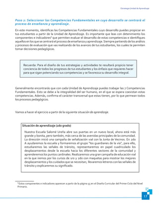 Estrategia Unidad de Aprendizaje
17
Paso 2: Seleccionar las Competencias Fundamentales en cuyo desarrollo se centrará el
proceso de enseñanza y aprendizaje.
En este momento, identificas las Competencias Fundamentales cuyo desarrollo puedes propiciar en
tus estudiantes a partir de la Unidad de Aprendizaje. Es importante que leas con detenimiento los
componentes e indicadores8
que permiten evaluar el desarrollo de estas competencias e identifiques
aquellosenlosquesecentraráelprocesodeenseñanzayaprendizaje.Siemprepartiendodelosanálisis
y procesos de evaluación que vas realizando de los avances de tus estudiantes, los cuales te permiten
tomar decisiones pedagógicas.
Recuerda: Para el diseño de tus estrategias y actividades te resultará propicio tener
conciencia de todos los progresos de tus estudiantes y los énfasis que requieres hacer
para que sigan potenciando sus competencias y se favorezca su desarrollo integral.
Generalmente encontrarás que con cada Unidad de Aprendizaje puedes trabajar las 7 Competencias
Fundamentales. Esto se debe a la integralidad del ser humano, en el que se espera coexistan estas
competencias. Además, confirma el carácter transversal que estas tienen, por lo que permean todos
los procesos pedagógicos.
Vamos a hacer el ejercicio a partir de la siguiente situación de aprendizaje.
Situación de aprendizaje (2d0 grado)
Nuestra Escuela Salomé Ureña abre sus puertas en un nuevo local, ahora está más
grande y bonita, pero también, más cerca de las avenidas principales de la comunidad.
La dirección inició una campaña de señalización vial con la Junta de Vecinos. En 2do
A ayudaremos la escuela y formaremos el grupo “los guardianes de la vía”, para ello,
estudiaremos las señales de tránsito, representaremos en papel cuadriculado los
desplazamientos desde la escuela hacia los diferentes sectores de la comunidad y
aprenderemos los puntos cardinales. Realizaremos una gran campaña de educación vial
en la que iremos por los cursos de 1ro y 2do con maquetas para mostrar los mejores
desplazamientos y los cuidados que se necesitan; llevaremos letreros con las señales de
tránsito y explicaremos su significado.
8
Estos componentes e indicadores aparecen a partir de la página 55 en el Diseño Curricular del Primer Ciclo del Nivel
Primario.
 