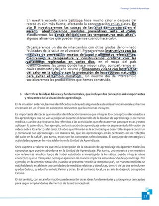 Estrategia Unidad de Aprendizaje
21
b.	 Identificar las ideas básicas y fundamentales, que incluyen los conceptos más importantes
y relevantes de la situación de aprendizaje.
Enlasituaciónanterior,hemosidentificadoysubrayadoalgunasdeestasideasfundamentalesyhemos
encerrado en un círculo los conceptos relevantes que las mismas incluyen.
Es importante destacar que en esta identificación tenemos que integrar los conceptos relacionados a
los aprendizajes que se van a propiciar durante el desarrollo de la Unidad de Aprendizaje y en menor
medida, cuando sea necesario, los referidos a las actividades que efectuaremos para que estas y estos
apliquen lo aprendido. Por ejemplo, en la situación de aprendizaje anterior se presenta la filmación de
videos sobre los efectos del calor. El video que filmarán es la actividad que desarrollarán para construir
y comunicar sus aprendizajes. De manera tal, que los aprendizajes están centrados en los “efectos
del calor en la salud”, por tanto, estos son los conceptos seleccionados. El conjunto de estrategias y
actividades aparecerán más adelante en la Unidad de Aprendizaje.
Otro aspecto a valorar es que en la descripción de la situación de aprendizaje no aparecen todos los
conceptos que pueden abordarse en la Unidad de Aprendizaje. Por tanto, una maestra o un maestro
con referentes amplios luego de haber estudiado e investigado la temática, puede integrar otros
conceptos que se trabajarán pero que aparecen de manera implícita en la situación de aprendizaje. Por
ejemplo, en la anterior situación, cuando se presenta “medir la temperatura”, de manera implícita se
está hablando establecer unas unidades de medidas relativas y absolutas, dentro de las que se incluyen
grados Celsius, grados Farenheit, Kelvin y otras. En el contexto local, se estaría trabajando con grados
Celsius.
Entalsentido,conestainformaciónpuedesescribirotrasideasfundamentalesysubrayarsusconceptos
para seguir ampliando los elementos de tu red conceptual.
 