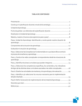 Estrategia Unidad de Aprendizaje
TABLA DE CONTENIDO
Presentación..................................................................................................................... 1
Construyo mi planificación docente a través de la estrategia.............................................3
Unidad de Aprendizaje...................................................................................................... 3
Punto de partida: Los referentes de la planificación docente.............................................3
Diseñando mi Unidad de Aprendizaje................................................................................8
Maestra, maestro ¡Vivamos esta experiencia paso a paso!.................................................8
Paso1: Unidad de Aprendizaje: Identificando y construyendo nuestra situación de
aprendizaje.......................................................................................................................8
Componentes de la situación de aprendizaje................................................................... 12
Evaluando mi situación de aprendizaje............................................................................ 16
Paso 2:Seleccionar lasCompetencias Fundamentales en cuyo desarrollo se centrará
el proceso de enseñanza y aprendizaje.............................................................................17
Paso 3. Construir las redes conceptuales correspondientes desde las situaciones de
aprendizaje..................................................................................................................... 19
Paso 4: Identificar las áreas curriculares que pueden integrarse....................................... 25
Paso 5: Seleccionar las competencias específicas, los contenidos y los indicadores
de logro de las distintas áreas curriculares asociadas a las redes conceptuales.................28
Paso 6: Diseñar las actividades de enseñanza, de aprendizaje y de evaluación.................29
Paso 7: Identificar y/o seleccionar los recursos necesarios para la implementación
del plan diseñado............................................................................................................ 35
Paso 8: Definir la duración de implementación de la Unidad de Aprendizaje.................... 35
Docentes que rotan......................................................................................................... 35
Referencias.....................................................................................................................40
 