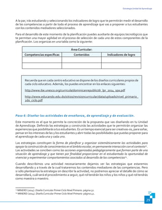Estrategia Unidad de Aprendizaje
29
A la par, irás estudiando y seleccionando los indicadores de logro que te permitirán medir el desarrollo
de las competencias a partir de todo el proceso de aprendizaje que vas a proponer a tus estudiantes
con los contenidos mediadores seleccionados.
Para el desarrollo de este momento de la planificación puedes auxiliarte de equipos tecnológicos que
te permitan una mayor agilidad en el proceso de selección de cada uno de estos componentes de la
planificación. Los organizas en una tabla como la siguiente:
Área Curricular:
Competencias específicas Contenidos Indicadores de logro
Recuerda que en cada centro educativo se dispone de los diseños curriculares propios de
cada ciclo educativo. Además, los puedes encontrar en los enlaces siguientes:
http://www.ibe.unesco.org/curricula/dominicanrepublic/dr_lpr_2014_spa.pdf
http://www.educando.edu.do/sitios/revisioncurricular/data/uploads/nivel_primario_
2do_ciclo.pdf
Paso 6: Diseñar las actividades de enseñanza, de aprendizaje y de evaluación.
Este momento es el que te permite la concreción de la propuesta que vas diseñando en tu Unidad
de Aprendizaje. Definirás las estrategias y construirás las actividades que te permitirán organizar las
experiencias que posibilitarás a tus estudiantes. Es un tiempo esencial para ser creativas-os, para soñar,
pensar en los intereses de las y los estudiantes y abrir todas las posibilidades que puedas proponer para
el aprendizaje de cada una y cada uno.
Las estrategias constituyen la forma de planificar y organizar sistemáticamente las actividades para
apoyar la construcción de conocimientos en el ámbito escolar, en permanente interacción con el contexto13
.
Las actividades se conciben como las acciones organizadas pedagógicamente que forman parte de una
situación de aprendizaje y que tienen por finalidad proporcionar en el estudiantado la oportunidad de
vivenciar y experimentar comportamientos asociados al desarrollo de las competencias14
.
Cuando describimos una actividad necesariamente dejamos ver las estrategias que estaremos
desarrollando y a través de la cual trataremos los contenidos mediadores de las competencias. Pero
si sólo planteamos la estrategia sin describir la actividad, no podremos apreciar el detalle de cómo se
desarrollará, cuál será el procedimiento a seguir, qué rol tendrán los niños y los niños y qué rol tendrás
como maestra o maestro.
13
MINERD (2014). Diseño Curricular Primer Ciclo Nivel Primario. página 32.
14
MINERD (2014). Diseño Curricular Primer Ciclo Nivel Primario página 41.
 