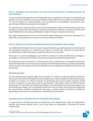 Estrategia Unidad de Aprendizaje
35
Paso 7: Identificar y/o seleccionar los recursos necesarios para la implementación del
plan diseñado
Los recursos de aprendizaje favorecen el desarrollo de las competencias. Por tanto, es importante que
puedas construir e identificar recursos que faciliten el desarrollo de las actividades que has planteado.
Tus recursos deben ser contextualizados, estar al alcance de tus estudiantes, promover el auto-
aprendizaje y facilitar los procesos de investigación16
.
Es importante que vayas haciendo conciencia de los espacios de construcción de los recursos que vas a
necesitar, los apoyos de otras maestras y maestros que requieres. Además, consultar en la dirección la
disponibilidad de recursos y las posibilidades de adquirir los que no tengan en existencia.
Esto debes prepararlo antes de iniciar la Unidad de Aprendizaje para evitar que te detengas en su
desarrollo o que se genere una ruptura en la secuencia de las actividades.
Paso 8: Definir la duración de implementación de la Unidad de Aprendizaje.
LaUnidad deAprendizaje varía en su duración, según el proceso que pueda propiciarse con la situación
de aprendizaje propuesta. Es importante que valores el tiempo que requerirá la secuenciad de
actividades para el desarrollo de las competencias de las niñas y los niños.
Dado que es un proceso pedagógico que implica la puesta en marcha de diferentes estrategias y
actividades, se necesita al menos dos o tres semanas para el desarrollo de la planificación.
Es fundamental que la motivación, la participación activa, el dinamismo y el desafío permanezcan
duranteeldesarrollodelosprocesosqueproponesenlaUnidaddeAprendizajeyquelas/osestudiantes
puedan evaluar cómo lograron solucionar el problema o el resultado que se planteó en la situación de
aprendizaje.
Docentes que rotan
Si tienes docentes que imparten algún área curricular en tu grado, por ejemplo Educación Artística,
EducaciónFísica,FormaciónIntegralHumanayReligiosa,etc.,debestrabajarconellostuplanificación,
socializar y/o construir con ellos la situación de aprendizaje para que la puedan enriquecer desde
su área e incorporen en cada paso lo que les corresponde. Cada grado cuenta con UNA Unidad de
Aprendizaje. Es importante que establezcas diálogos y articulaciones permanentes para asegurar que
los docentes que trabajan con tus estudiantes están en la misma sintonía. Esto favorece la integración
de conocimientos, posibilita la disposición del grupo y permite evaluar al finalizar la Unidad de
Aprendizaje cómo han ido movilizando sus competencias tus estudiantes.
Esquemas para tu planificación por Unidad de Aprendizaje
La organización es fundamental para la comprensión. En la planificación, todos los componentes
guardan una estrecha relación entre sí, por lo que deben ser planteados y colocados de manera
comprensible.
16
Ampliar características de los recursos en el Modelo Pedagógico del Nivel Primario..
 