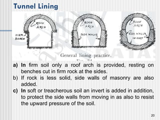 20
a) In firm soil only a roof arch is provided, resting on
benches cut in firm rock at the sides.
b) If rock is less solid, side walls of masonry are also
added.
c) In soft or treacherous soil an invert is added in addition,
to protect the side walls from moving in as also to resist
the upward pressure of the soil.
Tunnel Lining
 