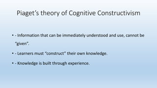 • - Information that can be immediately understood and use, cannot be
“given”.
• - Learners must “construct” their own knowledge.
• - Knowledge is built through experience.
Piaget’s theory of Cognitive Constructivism
 