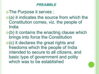 PREAMBLE
The Purpose it serves :
(a) it indicates the source from which the
Constitution comes, viz. the people of
India
(b) it contains the enacting clause which
brings into force the Constitution
(c) it declares the great rights and
freedoms which the people of India
intended to secure to all citizens, and
basic type of government and polity
which was to be established
 