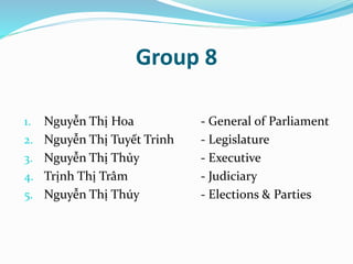 Group 8 
1. Nguyễn Thị Hoa - General of Parliament 
2. Nguyễn Thị Tuyết Trinh - Legislature 
3. Nguyễn Thị Thủy - Executive 
4. Trịnh Thị Trâm - Judiciary 
5. Nguyễn Thị Thúy - Elections & Parties 
 