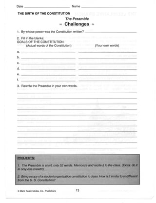 Constitution Worksheets