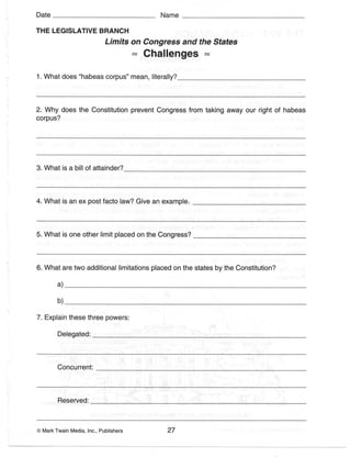 Constitution Worksheets