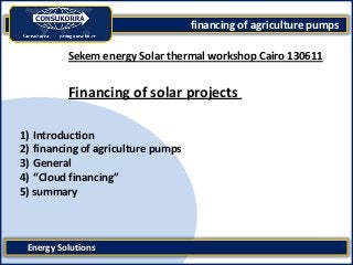 financing of agriculture pumps
Energy Solutions
1) Introduction
2) financing of agriculture pumps
3) General
4) “Cloud financing”
5) summary
Sekem energy Solar thermal workshop Cairo 130611
Financing of solar projects
 