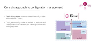 Consul's approach to conﬁguration management
• Central key-value store captures the conﬁguration
information in Consul.

• Changes to conﬁguration is pushed in real-time and
propagated to all the services; there by dynamically
managing them.
 