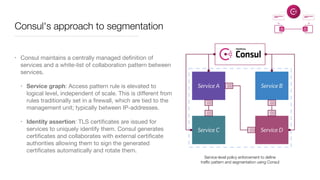Consul's approach to segmentation
• Consul maintains a centrally managed deﬁnition of
services and a white-list of collaboration pattern between
services.

• Service graph: Access pattern rule is elevated to
logical level, independent of scale. This is diﬀerent from
rules traditionally set in a ﬁrewall, which are tied to the
management unit; typically between IP-addresses. 

• Identity assertion: TLS certiﬁcates are issued for
services to uniquely identify them. Consul generates
certiﬁcates and collaborates with external certiﬁcate
authorities allowing them to sign the generated
certiﬁcates automatically and rotate them.
Service-level policy enforcement to deﬁne
trafﬁc pattern and segmentation using Consul
 