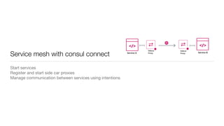 Service mesh with consul connect
Start services 
Register and start side car proxies

Manage communication between services using intentions
 