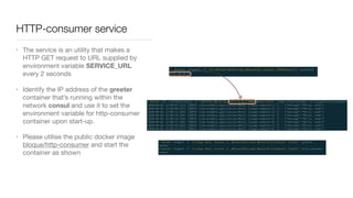 HTTP-consumer service
• The service is an utility that makes a
HTTP GET request to URL supplied by
environment variable SERVICE_URL
every 2 seconds

• Identify the IP address of the greeter
container that’s running within the
network consul and use it to set the
environment variable for http-consumer
container upon start-up.

• Please utilise the public docker image
bloque/http-consumer and start the
container as shown
 