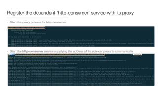 Register the dependent ‘http-consumer’ service with its proxy
• Start the proxy process for http-consumer
• Start the http-consumer service supplying the address of its side-car proxy to communicate
 