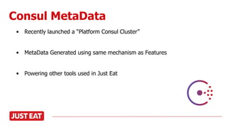 Consul MetaData
• Recently launched a “Platform Consul Cluster”
• MetaData Generated using same mechanism as Features
• Powering other tools used in Just Eat
 