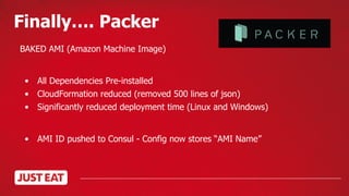 Finally…. Packer
BAKED AMI (Amazon Machine Image)
• All Dependencies Pre-installed
• CloudFormation reduced (removed 500 lines of json)
• Significantly reduced deployment time (Linux and Windows)
• AMI ID pushed to Consul - Config now stores “AMI Name”
 