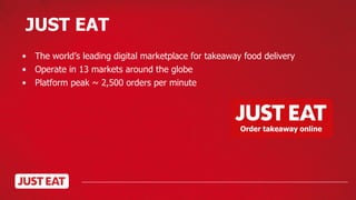 • The world’s leading digital marketplace for takeaway food delivery
• Operate in 13 markets around the globe
• Platform peak ~ 2,500 orders per minute
JUST EAT
 
