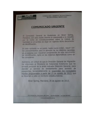 Consulado Guatemal en Washington respecto a la Cédula y DPI