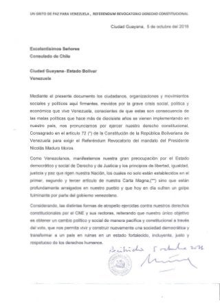 Documento entregado al Consulado de Chile en Ciudad Guayana. R. Revocatorio 2016