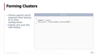 Copyright © 2017 HashiCorp
Forming Clusters
▪ Clients specify which
segment they belong
to in their
configuration
▪ Clients join just like
LAN Gossip
101
{
“segment”: “vault”,
“retry_join”: [“consul.domain.internal:8303”]
}
client.json
 