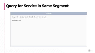 Copyright © 2017 HashiCorp
Query for Service in Same Segment
109
(payments) $ dig +short local-db.service.consul
192.168.11.2
Terminal
 