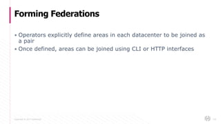 Copyright © 2017 HashiCorp
▪ Operators explicitly define areas in each datacenter to be joined as
a pair
▪ Once defined, areas can be joined using CLI or HTTP interfaces
Forming Federations
120
 