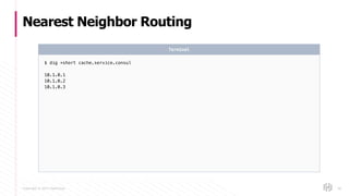 Copyright © 2017 HashiCorp
Nearest Neighbor Routing
56
$ dig +short cache.service.consul
10.1.0.1
10.1.0.2
10.1.0.3
Terminal
 