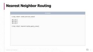 Copyright © 2017 HashiCorp
Nearest Neighbor Routing
57
$ dig +short cache.service.consul
10.1.0.1
10.1.0.2
10.1.0.3
$ dig +short nearest-cache.query.consul
Terminal
 