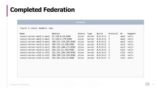 Copyright © 2017 HashiCorp
Completed Federation
70
(nyc3) $ consul members -wan
Node Address Status Type Build Protocol DC Segment
consul-server-ams2-1.ams2 37.139.0.54:8302 alive server 0.9.3rc1 2 ams2 <all>
consul-server-ams2-2.ams2 37.139.4.179:8302 alive server 0.9.3rc1 2 ams2 <all>
consul-server-ams2-3.ams2 198.211.118.201:8302 alive server 0.9.3rc1 2 ams2 <all>
consul-server-nyc3-1.nyc3 104.131.14.250:8302 alive server 0.9.3rc1 2 nyc3 <all>
consul-server-nyc3-2.nyc3 104.131.180.172:8302 alive server 0.9.3rc1 2 nyc3 <all>
consul-server-nyc3-3.nyc3 104.131.31.159:8302 alive server 0.9.3rc1 2 nyc3 <all>
consul-server-sfo1-1.sfo1 192.241.204.248:8302 alive server 0.9.3rc1 2 sfo1 <all>
consul-server-sfo1-2.sfo1 198.199.119.154:8302 alive server 0.9.3rc1 2 sfo1 <all>
consul-server-sfo1-3.sfo1 192.241.223.22:8302 alive server 0.9.3rc1 2 sfo1 <all>
Terminal
 