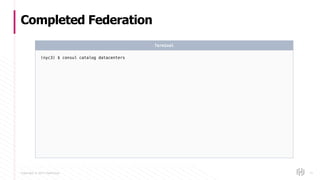 Copyright © 2017 HashiCorp
Completed Federation
71
(nyc3) $ consul catalog datacenters
Terminal
 