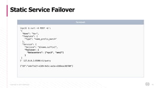 Copyright © 2017 HashiCorp
Static Service Failover
85
(nyc3) $ curl -X POST -d 
‘{
"Name": “ha-",
"Template": {
"Type": "name_prefix_match"
},
"Service": {
"Service": “${name.suffix}”,
“Failover: {
“Datacenters”: [“nyc3”, “ams2”]
}
}
}’ 127.0.0.1:8500/v1/query
{“ID”:"a4ef7a27-e189-9e5c-ae3a-e586eac88f00"}
Terminal
 
