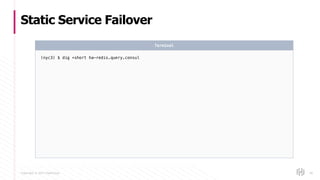 Copyright © 2017 HashiCorp
Static Service Failover
86
(nyc3) $ dig +short ha-redis.query.consul
Terminal
 