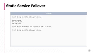 Copyright © 2017 HashiCorp
Static Service Failover
89
(nyc3) $ dig +short ha-redis.query.consul
104.131.86.98
104.131.75.130
104.236.9.114
(nyc3) $ echo “something bad happens to Redis in nyc3”
(nyc3) $ dig +short ha-redis.query.consul
Terminal
 