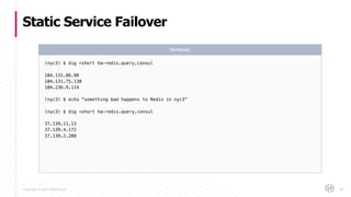 Copyright © 2017 HashiCorp
Static Service Failover
90
(nyc3) $ dig +short ha-redis.query.consul
104.131.86.98
104.131.75.130
104.236.9.114
(nyc3) $ echo “something bad happens to Redis in nyc3”
(nyc3) $ dig +short ha-redis.query.consul
37.139.11.13
37.139.4.172
37.139.2.208
Terminal
 