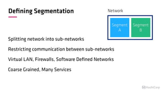 Deﬁning Segmentation
Splitting network into sub-networks
Restricting communication between sub-networks
Virtual LAN, Firewalls, Software Deﬁned Networks
Coarse Grained, Many Services
Segment
A
Segment
B
Network
 