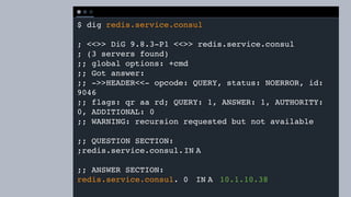 T E R M I N A L
$ dig redis.service.consul
; <<>> DiG 9.8.3-P1 <<>> redis.service.consul
; (3 servers found)
;; global options: +cmd
;; Got answer:
;; ->>HEADER<<- opcode: QUERY, status: NOERROR, id:
9046
;; flags: qr aa rd; QUERY: 1, ANSWER: 1, AUTHORITY:
0, ADDITIONAL: 0
;; WARNING: recursion requested but not available
;; QUESTION SECTION:
;redis.service.consul.IN A
;; ANSWER SECTION:
redis.service.consul. 0 IN A 10.1.10.38
 