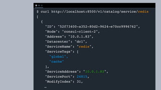 T E R M I N A L
$ curl http://localhost:8500/v1/catalog/service/redis
[
{
"ID": "52f73400-a352-80d2-9624-e70cc9996762",
"Node": "consul-client-2",
"Address": "10.0.1.83",
"Datacenter": "dc1",
"ServiceName": "redis",
"ServiceTags": [
"global",
"cache"
],
"ServiceAddress": "10.0.1.83",
"ServicePort": 24815,
"ModifyIndex": 31,
…
 
