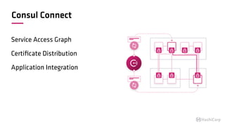 Consul Connect
Service Access Graph
Certiﬁcate Distribution
Application Integration
 