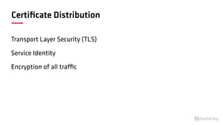 Certiﬁcate Distribution
Transport Layer Security (TLS)
Service Identity
Encryption of all traffic
 