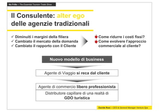 No Frills – The Essential Tourism Trade Show




  Il Consulente: alter ego
  delle agenzie tradizionali
      Diminuiti i margini della filiera                              Come ridurre i costi fissi?
      Cambiato il mercato della domanda                              Come evolvere l’approccio
      Cambiato il rapporto con il Cliente                            commerciale al cliente?


                                          Nuovo modello di business


                                    Agente di Viaggio si reca dal cliente


                              Agente di commercio libero professionista
                                     Distributore capillare di una realtà di
                                                GDO turistica

                                                                     Davide Rosi – CEO & General Manager Ventura Spa
 