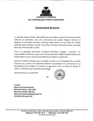 Note de presse du consulat general d' Haiti a montreal