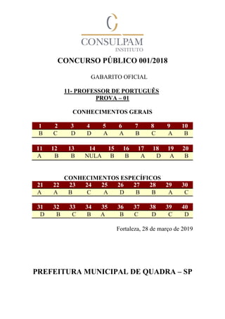 CONCURSO PÚBLICO 001/2018
GABARITO OFICIAL
11- PROFESSOR DE PORTUGUÊS
PROVA – 01
CONHECIMENTOS GERAIS
1 2 3 4 5 6 7 8 9 10
B C D D A A B C A B
11 12 13 14 15 16 17 18 19 20
A B B NULA B B A D A B
CONHECIMENTOS ESPECÍFICOS
21 22 23 24 25 26 27 28 29 30
A A B C A D B B A C
31 32 33 34 35 36 37 38 39 40
D B C B A B C D C D
Fortaleza, 28 de março de 2019
PREFEITURA MUNICIPAL DE QUADRA – SP
 