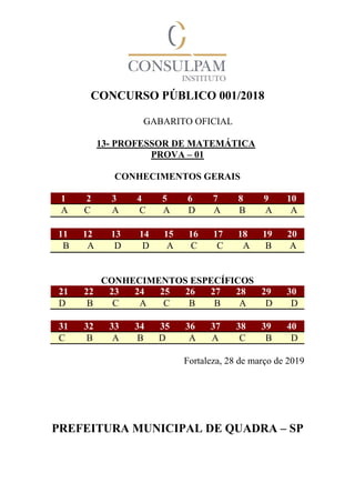 CONCURSO PÚBLICO 001/2018
GABARITO OFICIAL
13- PROFESSOR DE MATEMÁTICA
PROVA – 01
CONHECIMENTOS GERAIS
1 2 3 4 5 6 7 8 9 10
A C A C A D A B A A
11 12 13 14 15 16 17 18 19 20
B A D D A C C A B A
CONHECIMENTOS ESPECÍFICOS
21 22 23 24 25 26 27 28 29 30
D B C A C B B A D D
31 32 33 34 35 36 37 38 39 40
C B A B D A A C B D
Fortaleza, 28 de março de 2019
PREFEITURA MUNICIPAL DE QUADRA – SP
 