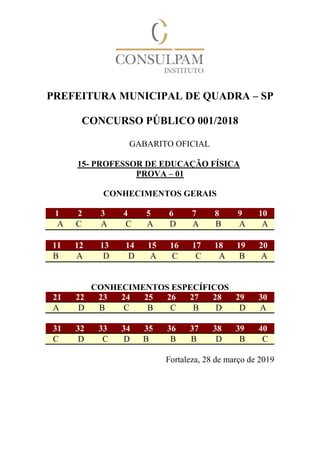PREFEITURA MUNICIPAL DE QUADRA – SP
CONCURSO PÚBLICO 001/2018
GABARITO OFICIAL
15- PROFESSOR DE EDUCAÇÃO FÍSICA
PROVA – 01
CONHECIMENTOS GERAIS
1 2 3 4 5 6 7 8 9 10
A C A C A D A B A A
11 12 13 14 15 16 17 18 19 20
B A D D A C C A B A
CONHECIMENTOS ESPECÍFICOS
21 22 23 24 25 26 27 28 29 30
A D B C B C B D D A
31 32 33 34 35 36 37 38 39 40
C D C D B B B D B C
Fortaleza, 28 de março de 2019
 