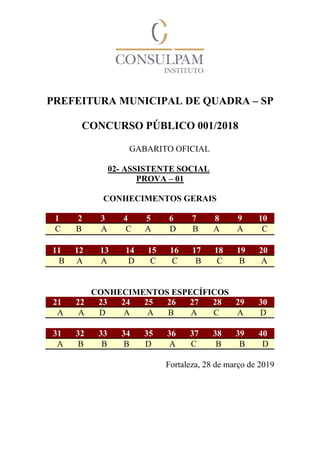 PREFEITURA MUNICIPAL DE QUADRA – SP
CONCURSO PÚBLICO 001/2018
GABARITO OFICIAL
02- ASSISTENTE SOCIAL
PROVA – 01
CONHECIMENTOS GERAIS
1 2 3 4 5 6 7 8 9 10
C B A C A D B A A C
11 12 13 14 15 16 17 18 19 20
B A A D C C B C B A
CONHECIMENTOS ESPECÍFICOS
21 22 23 24 25 26 27 28 29 30
A A D A A B A C A D
31 32 33 34 35 36 37 38 39 40
A B B B D A C B B D
Fortaleza, 28 de março de 2019
 