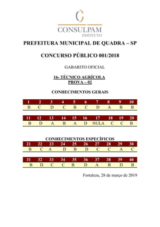 PREFEITURA MUNICIPAL DE QUADRA – SP
CONCURSO PÚBLICO 001/2018
GABARITO OFICIAL
16- TÉCNICO AGRÍCOLA
PROVA – 02
CONHECIMENTOS GERAIS
1 2 3 4 5 6 7 8 9 10
B C D C B C D A B B
11 12 13 14 15 16 17 18 19 20
B D A B A D NULA C C B
CONHECIMENTOS ESPECÍFICOS
21 22 23 24 25 26 27 28 29 30
B C A D B D C C A C
31 32 33 34 35 36 37 38 39 40
B D C C B D A B D B
Fortaleza, 28 de março de 2019
 