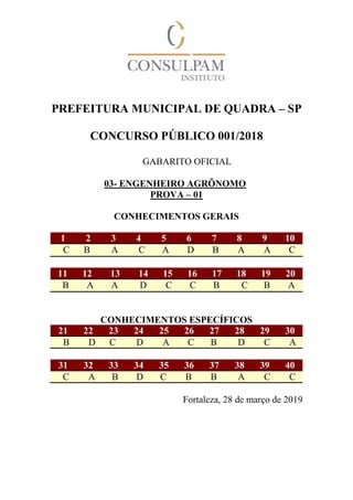 PREFEITURA MUNICIPAL DE QUADRA – SP
CONCURSO PÚBLICO 001/2018
GABARITO OFICIAL
03- ENGENHEIRO AGRÔNOMO
PROVA – 01
CONHECIMENTOS GERAIS
1 2 3 4 5 6 7 8 9 10
C B A C A D B A A C
11 12 13 14 15 16 17 18 19 20
B A A D C C B C B A
CONHECIMENTOS ESPECÍFICOS
21 22 23 24 25 26 27 28 29 30
B D C D A C B D C A
31 32 33 34 35 36 37 38 39 40
C A B D C B B A C C
Fortaleza, 28 de março de 2019
 