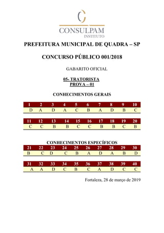 PREFEITURA MUNICIPAL DE QUADRA – SP
CONCURSO PÚBLICO 001/2018
GABARITO OFICIAL
05- TRATORISTA
PROVA – 01
CONHECIMENTOS GERAIS
1 2 3 4 5 6 7 8 9 10
D A D A C B A D B C
11 12 13 14 15 16 17 18 19 20
C C B B C C B B C B
CONHECIMENTOS ESPECÍFICOS
21 22 23 24 25 26 27 28 29 30
B C D C B A D A B D
31 32 33 34 35 36 37 38 39 40
A A D C B C A D C C
Fortaleza, 28 de março de 2019
 